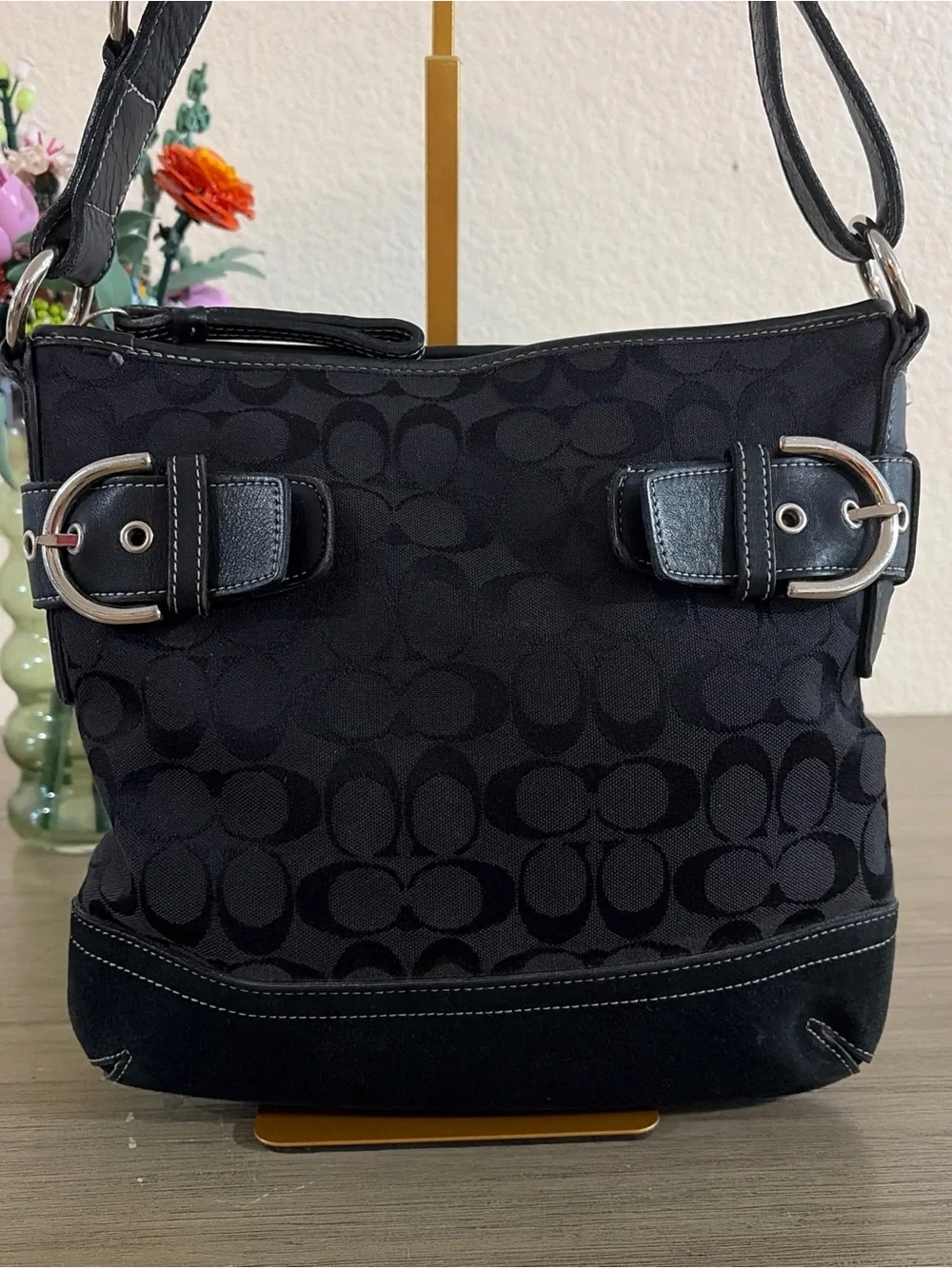 Coach 3574 Signature Shoulder Bag Black Canvas/Leather/Suede